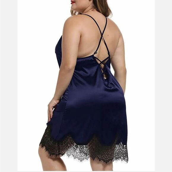 Women Plus Size Satin Chemise Babydoll Lace Trim Lingerie Full Slips Nightgown - Picture 5 of 5